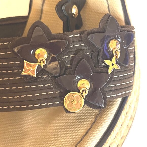Louis Vuitton Brown Suede/Patent Leather Logo Charms Wedge Sandals Sz 36.5 -6.5 - Picture 11 of 16
